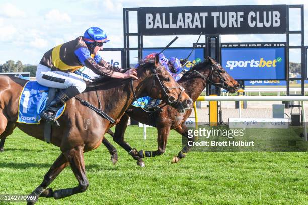 St Arnicca ridden by William McCarthy wins the Ecycle Solutions Grand National Steeplechase at Sportsbet-Ballarat Racecourse on August 28, 2022 in...