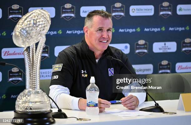 Dublin , Ireland - 27 August 2022; Northwestern Wildcats head coach Pat Fitzgerald during a press conference after the Aer Lingus College Football...