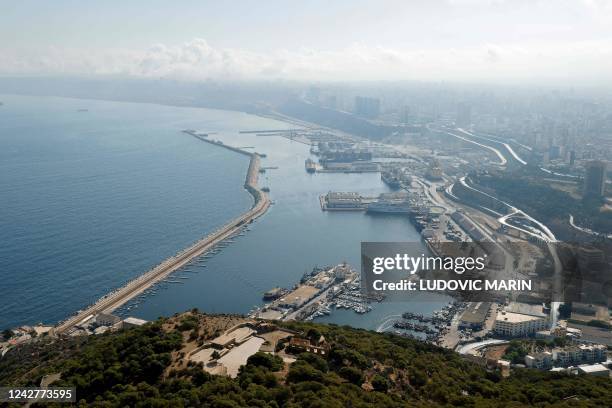 Photograph shows a general view of the city and the harbour during a visit of France's President in Oran on August 27, 2022. - Emmanuel Macron is on...