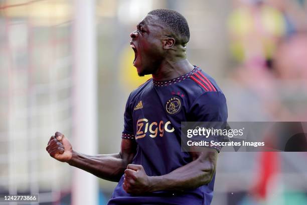 Brian Brobbey of Ajax celebrates 0-2 during the Dutch Eredivisie match between FC Utrecht v Ajax at the Stadium Galgenwaard on August 28, 2022 in...