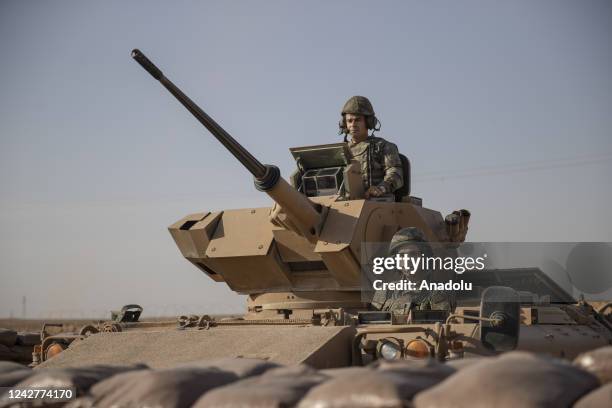 Turkish soldiers are seen on their duty to maintain security in the Operation Peace Spring zone in Tal Abyad, Syria on June 05, 2022.