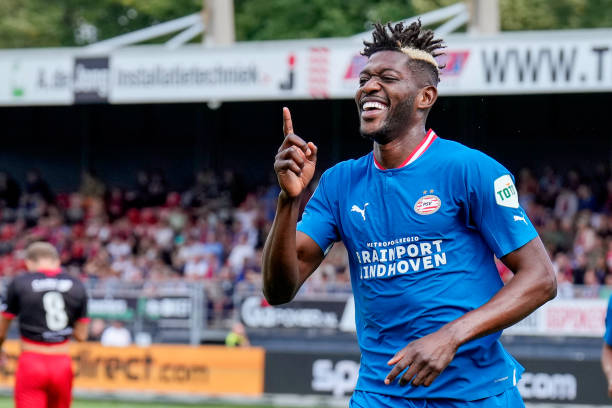 Ibrahim Sangare of PSV celebrates 0-2 during the Dutch Eredivisie match between Excelsior v PSV at the Van Donge & De Roo Stadium on August 28, 2022...
