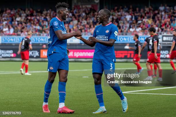 Ibrahim Sangare of PSV celebrates 0-3 with Jordan Teze of PSV during the Dutch Eredivisie match between Excelsior v PSV at the Van Donge & De Roo...