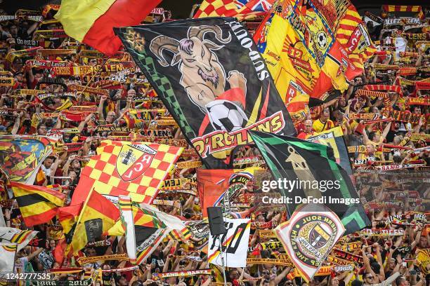 Supporters of RC Lens Supporters of RC Lens with flags/banner during the Ligue 1 match between RC Lens and Stade Rennes at Stade Bollaert-Delelis on...