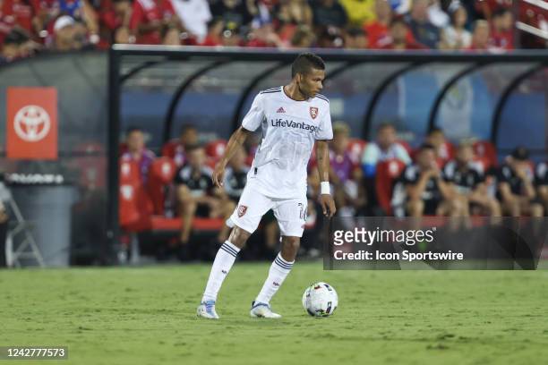 Real Salt Lake midfielder Maikel Chang moves the ball during the match between FC Dallas and Real Salt Lake on August 27, 2022 at Toyota Stadium in...