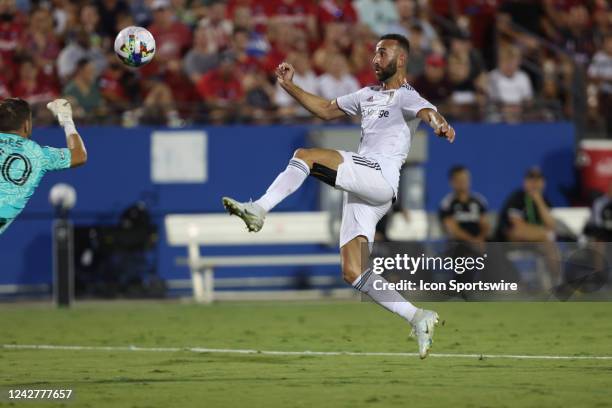 Real Salt Lake forward Justin Meram kicks the ball during the match between FC Dallas and Real Salt Lake on August 27, 2022 at Toyota Stadium in...