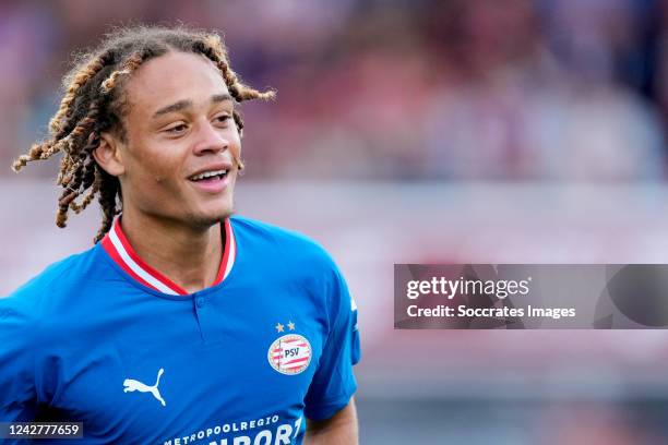 Xavi Simons of PSV celebrates 0-4 during the Dutch Eredivisie match between Excelsior v PSV at the Van Donge & De Roo Stadium on August 28, 2022 in...