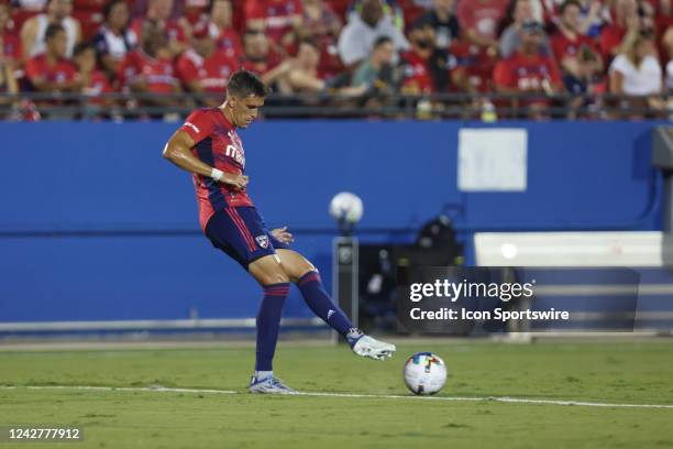 Dallas defender José Antonio Martínez kicks the ball during the match between FC Dallas and Real Salt Lake on August 27, 2022 at Toyota Stadium in...