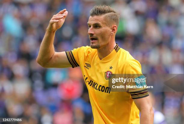 Stefan Kutschke of Dresden reacts during the 3.Liga match between Erzgebirge Aue and SG Dynamo Dresden at Erzgebirgsstadion on August 28, 2022 in...