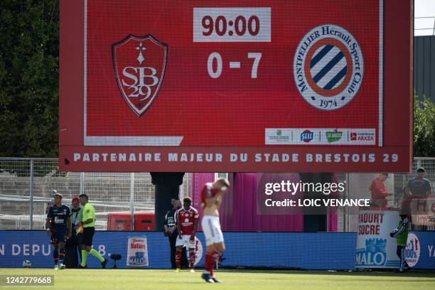 Brest's French defender Brendan Chardonnet reacts at the end of the during the French L1 football match between Stade Brestois 29 and Montpellier...