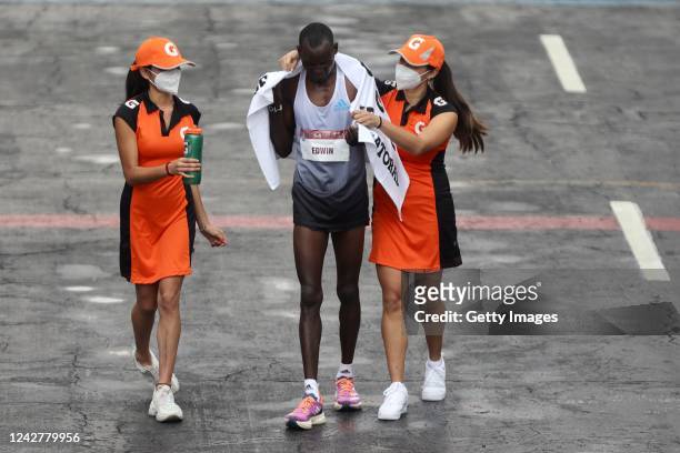 Edwin Kiprop Kiptoo from Kenya after crossing the finish line to win the 2022 Mexico City Marathon on August 28, 2022 in Mexico City, Mexico. Kiptoo...