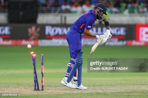 India's KL Rahul is bowled out by Pakistan's Naseem Shah during the Asia Cup Twenty20 international cricket Group A match between India and Pakistan...