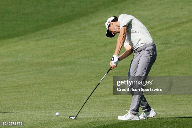 Joaquin Niemann hits off the 18th fairway during the continuation of the weather delayed 3rd round of the Tour Championship on August 28, 2022 at the...