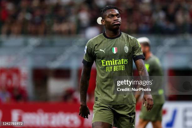 Rafael Leao of AC Milan reacts during the Serie A 2022/23 football match between AC Milan and Bologna FC at Giuseppe Meazza Stadium, Milan, Italy on...