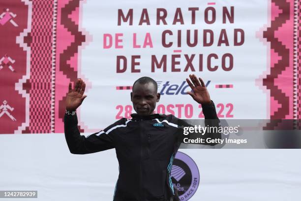 Edwin Kiprop Kiptoo from Kenia stands on the podium after winning the 2022 Mexico City Marathon on August 28, 2022 in Mexico City, Mexico.