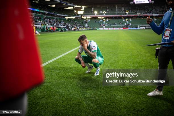 Marco Friedl of Bremen looks disappointed after the Bundesliga match between SV Werder Bremen and Eintracht Frankfurt at Wohninvest Weserstadion on...