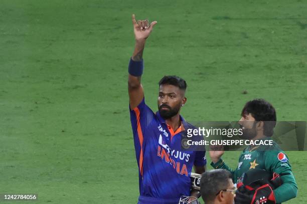 India's Hardik Pandya celebrates their win at the end of the Asia Cup Twenty20 international cricket Group A match between India and Pakistan at the...