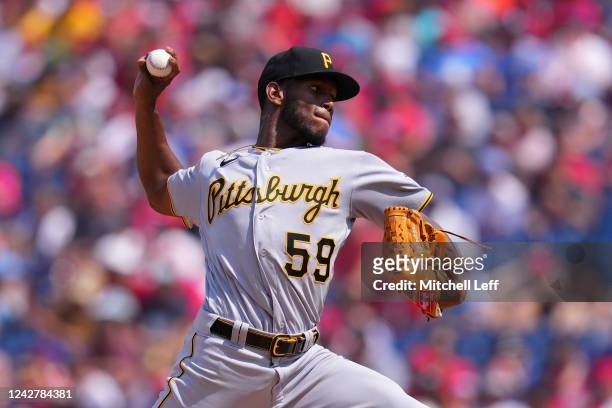 Roansy Contreras of the Pittsburgh Pirates throws a pitch in the bottom of the first inning against the Philadelphia Phillies at Citizens Bank Park...