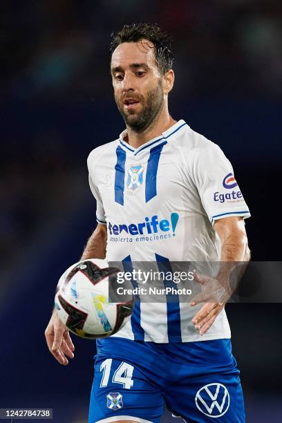 Carlos Ruiz of CD Tenerife looks the ball during the LaLiga SmartBank match between Levante UD and CD Tenerife at Estadio Ciutat de Valencia, August...