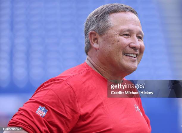 Quarterback coach Clyde Christensen of the Tampa Bay Buccaneers is seen before the preseason game against the Indianapolis Colts at Lucas Oil Stadium...