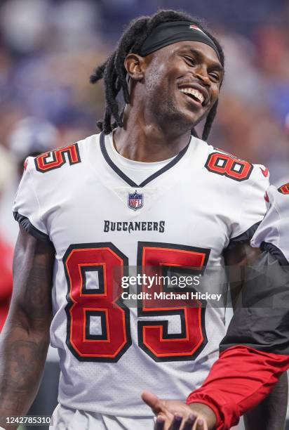 Julio Jones of Tampa Bay Buccaneers is seen after the preseason game against the Indianapolis Colts at Lucas Oil Stadium on August 27, 2022 in...