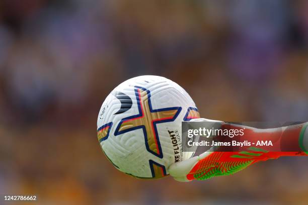 The Premier League Nike matchball in the hands of a goalkeeper glove during the Premier League match between Wolverhampton Wanderers and Newcastle...