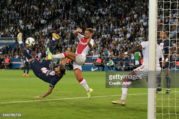 Sergio Ramos of Paris Saint-Germain tries to score with an overhead kick during the French Ligue 1 match between Paris Saint-Germain and AS Monaco at...