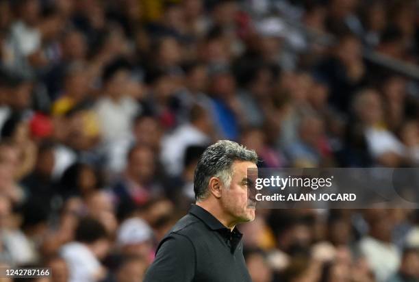 Paris Saint-Germain's French head coach Christophe Galtier reacts during the French L1 football match between Paris-Saint Germain and AS Monaco at...