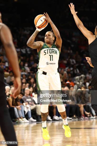 Epiphanny Prince of the Seattle Storm shoots a three point basket during the game against the Las Vegas Aces during Round 2 Game 1 of the 2022 WNBA...