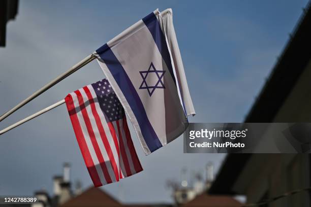 Israeli and U.S. Flags seen in Krakow. On Sunday, August 28 in Krakow, Lesser Poland Voivodeship, Poland.