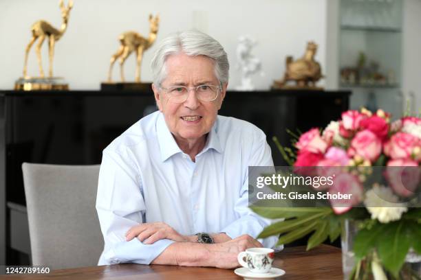 Frank Elstner poses during a photo shoot prior to his 80th birthday on March 28, 2022 in Baden Baden, Germany.