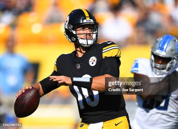 Mitch Trubisky of the Pittsburgh Steelers looks to pass during the first quarter against the Detroit Lions at Acrisure Stadium on August 28, 2022 in...