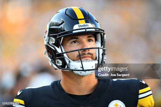 Mitch Trubisky of the Pittsburgh Steelers looks on during the second quarter against the Detroit Lions at Acrisure Stadium on August 28, 2022 in...