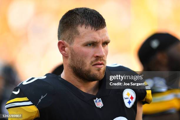 Watt of the Pittsburgh Steelers looks on during the first quarter against the Detroit Lions at Acrisure Stadium on August 28, 2022 in Pittsburgh,...