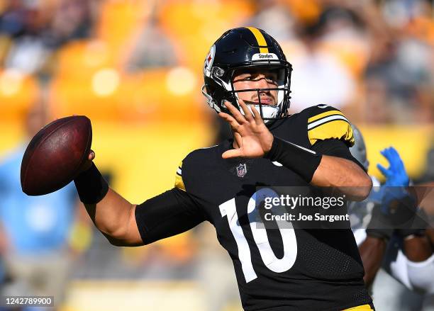 Mitch Trubisky of the Pittsburgh Steelers looks to pass during the first quarter against the Detroit Lions at Acrisure Stadium on August 28, 2022 in...