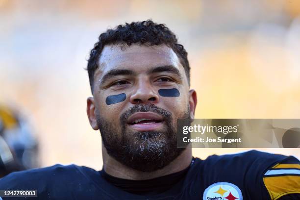 Cameron Heyward of the Pittsburgh Steelers looks on during the first quarter against the Detroit Lions at Acrisure Stadium on August 28, 2022 in...