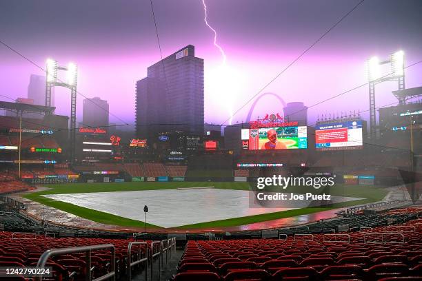 General view of Busch Stadium during a rain delay prior to the start of a game between the St. Louis Cardinals and the Atlanta Braves at Busch...