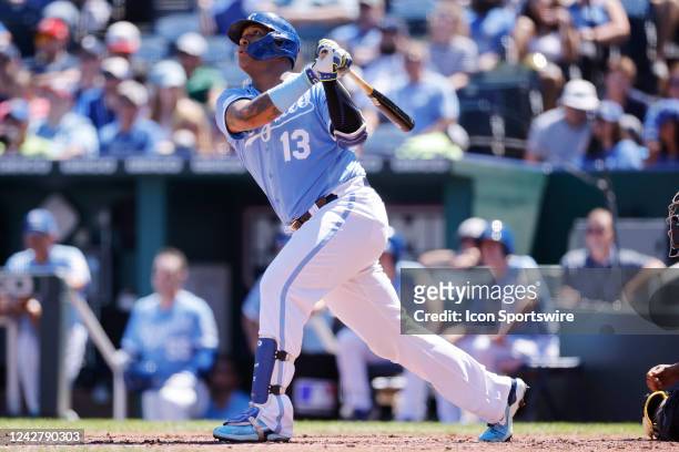 Kansas City Royals designated hitter Salvador Perez bats during an MLB game against the San Diego Padres on August 28, 2022 at Kauffman Stadium in...
