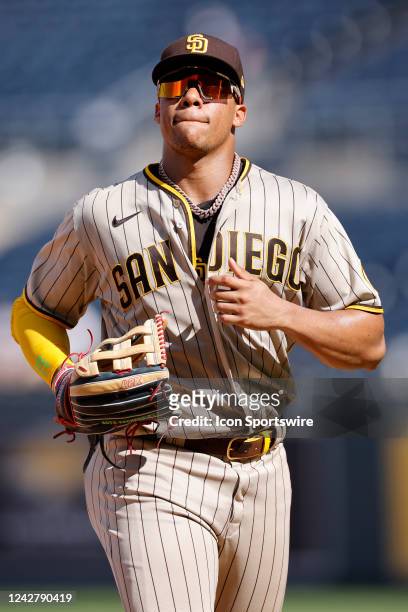 San Diego Padres right fielder Juan Soto looks on during an MLB game against the Kansas City Royals on August 28, 2022 at Kauffman Stadium in Kansas...