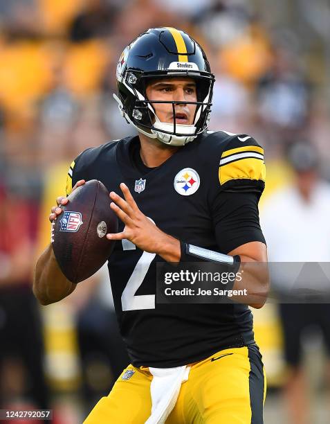 Mason Rudolph of the Pittsburgh Steelers looks to pass during the fourth quarter against the Detroit Lions at Acrisure Stadium on August 28, 2022 in...