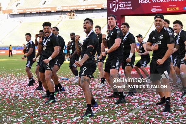 New Zealand's All Blacks Sevens team performs the haka after the rugby union final match between New Zealand and Fiji on the second day of the Los...