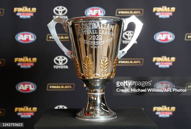 The Premiership Cup is seen during the 2022 Toyota AFL Finals Series Launch at the Toyota Centre for Excellence on August 29, 2022 in Melbourne,...