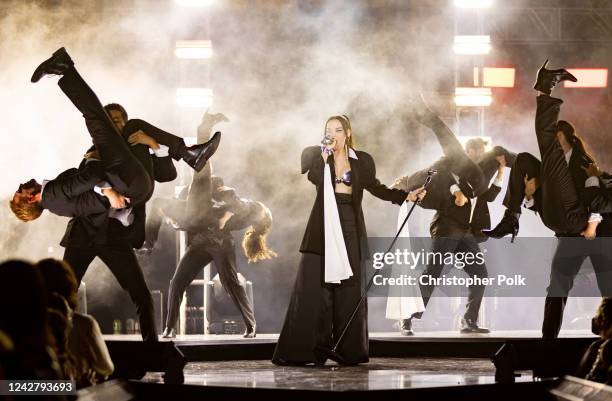 In this image released on August 28, Dove Cameron performs onstage during the 2022 MTV VMAs pre-show at Prudential Center in Newark, New Jersey.