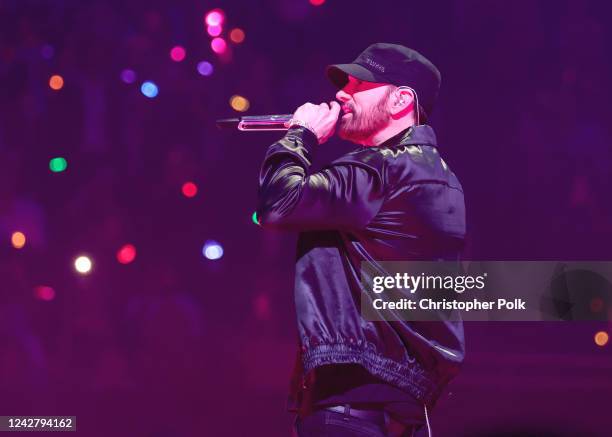 Eminem onstage during the 2022 MTV VMAs at Prudential Center in Newark, New Jersey.