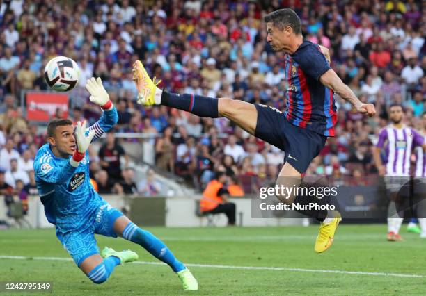 Robert Lewandowski scores during the match between FC Barcelona and Real Valladolid CF, corresponding to the week 3 of the Liga Santander, played at...