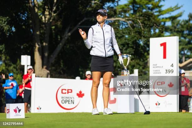 Jessica Korda of the United States on the 1st hole tee during the final round of the CP Womens Open on August 28 at The Ottawa Hunt and Golf Club in...