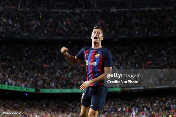 Robert Lewandowski goal celebration during the match between FC Barcelona and Real Valladolid CF, corresponding to the week 3 of the Liga Santander,...