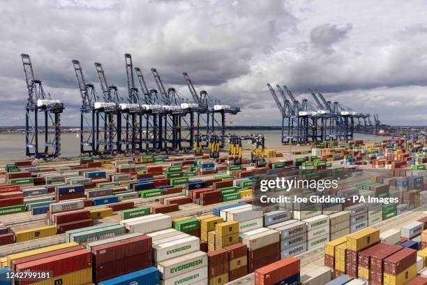 The Port of Felixstowe in Suffolk without a single cargo ship in port, following a strike by members of the Unite union at Britain's biggest and...