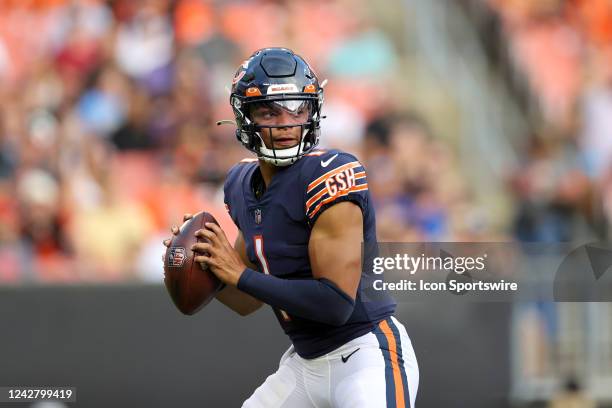 Chicago Bears quarterback Justin Fields looks to pass during the first quarter of the National Football League preseason game between the Chicago...