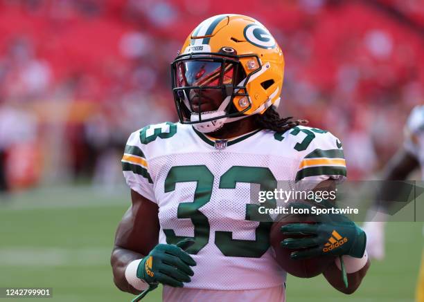 Green Bay Packers running back Aaron Jones before an NFL preseason game between the Green Bay Packers and Kansas City Chiefs on August 25, 2022 at...